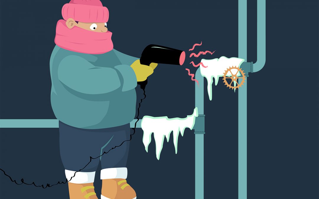 Man thawing frozen pipes with an electric hair dryer.
