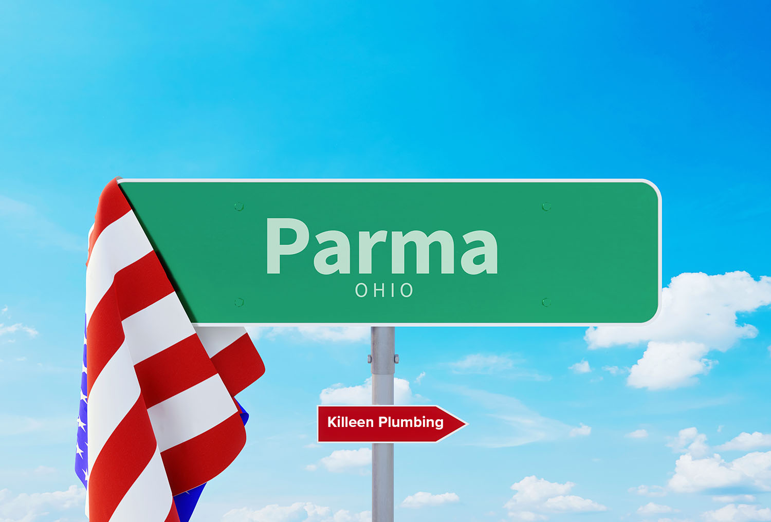 A sign for Parma, OH, pointing toward Killeen Plumbing