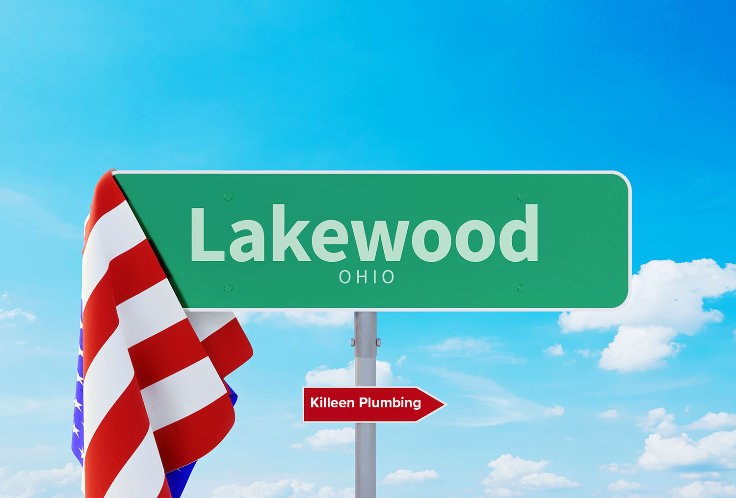 A sign in Lakewood, OH pointing to Killeen Plumbing